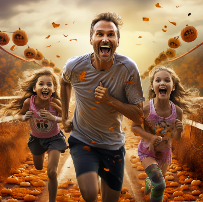 Dad and daughters running with Halloween Theme